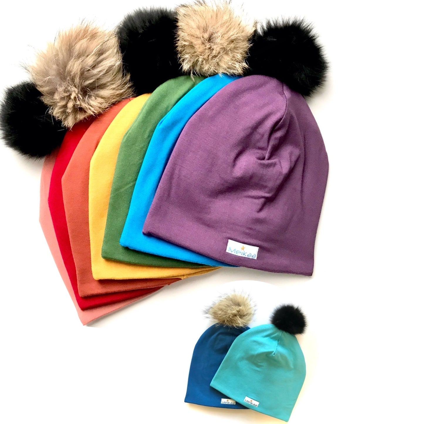 Colorful Winter Bamboo Hat + recycled fur pompom