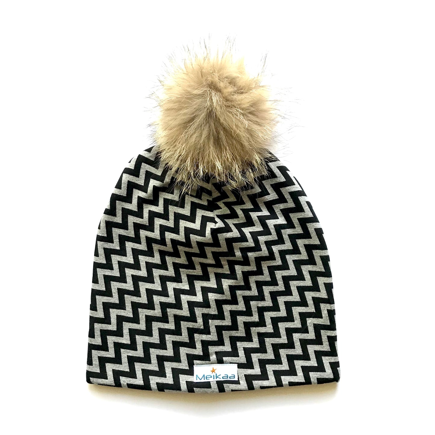 All Grey Pattern Winter Bamboo Hat + recycled fur pompom