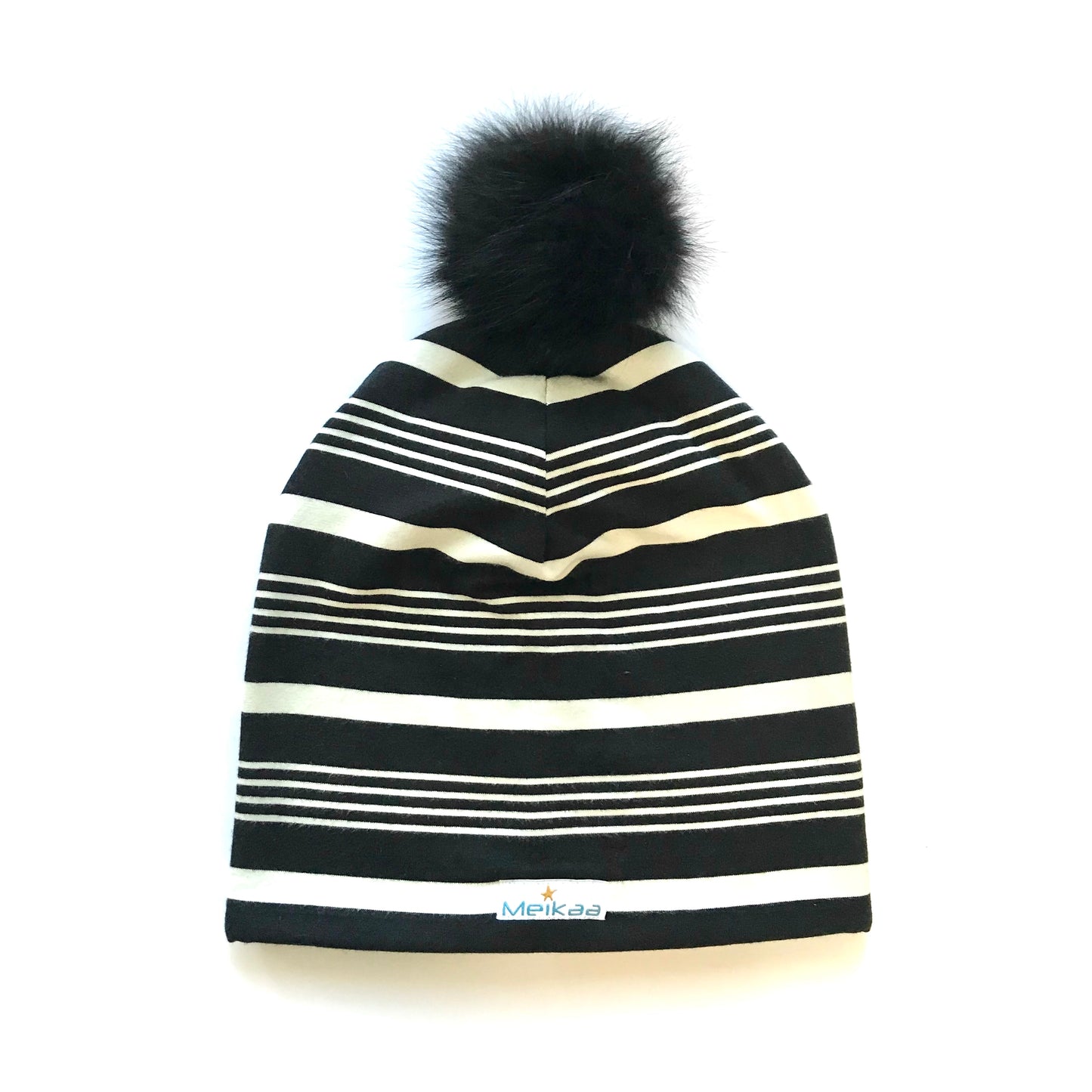 Stripes Winter Bamboo Hat + recycled fur pompom