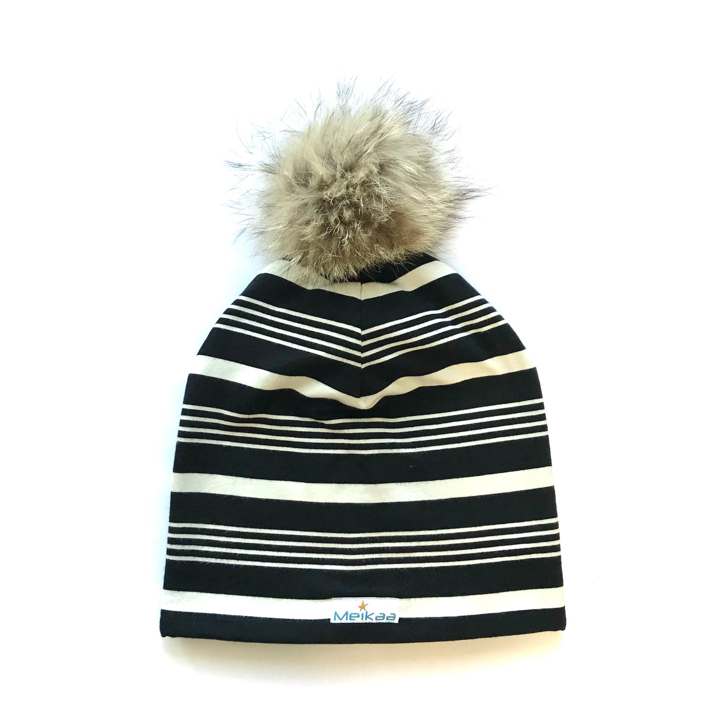 Stripes Winter Bamboo Hat + recycled fur pompom