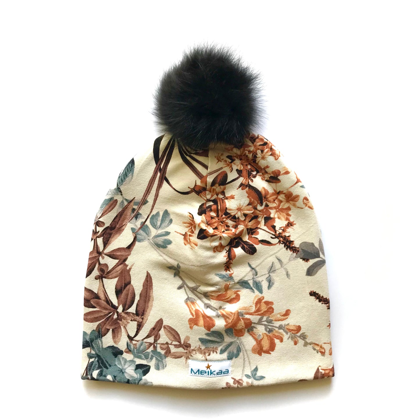 Floral Winter Bamboo Hat + recycled fur pompom