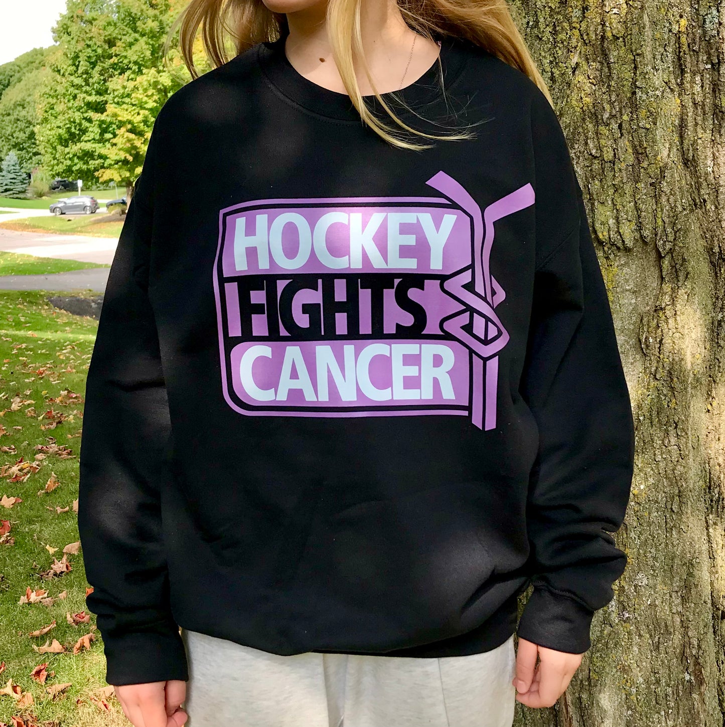 All sizes Black Crewneck Hockey fights Cancer