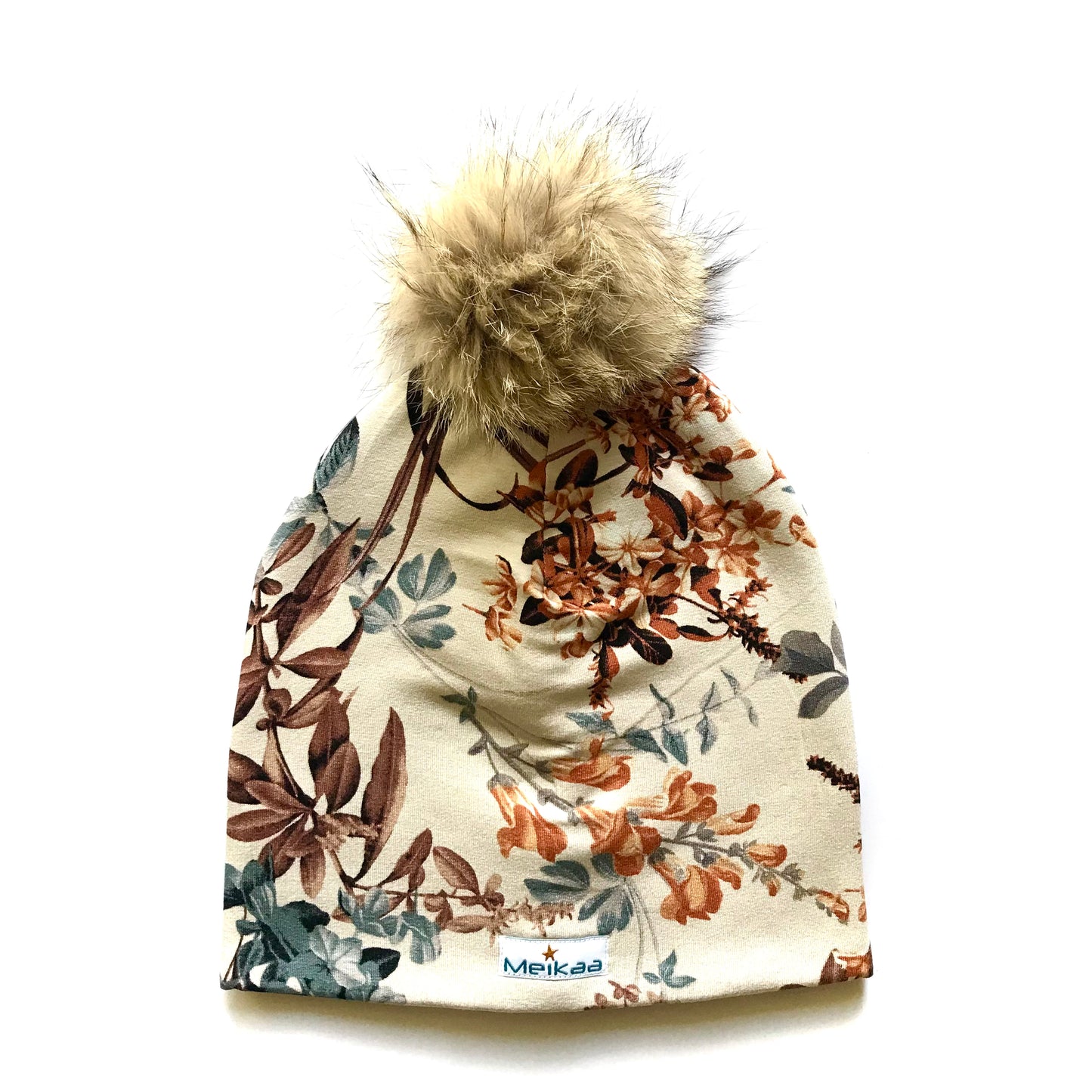 Floral Winter Bamboo Hat + recycled fur pompom