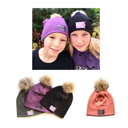 High quality Winter Bamboo Hat + recycled fur pompom - Hockey fights Cancer