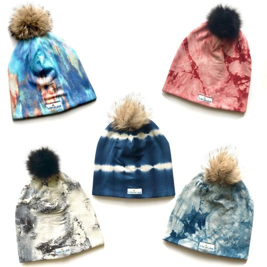 Tie Dye Winter Bamboo Hat + recycled fur pompom