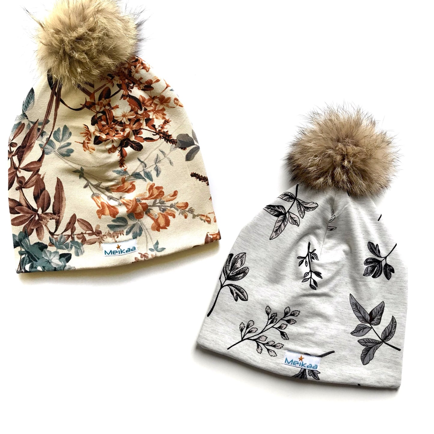 Floral Winter Bamboo Hat + recycled fur pompom