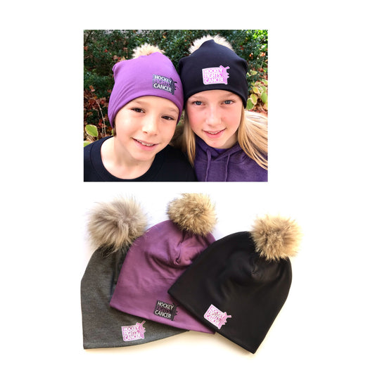 Winter Bamboo Hat + recycled fur pompom - Hockey fights Cancer