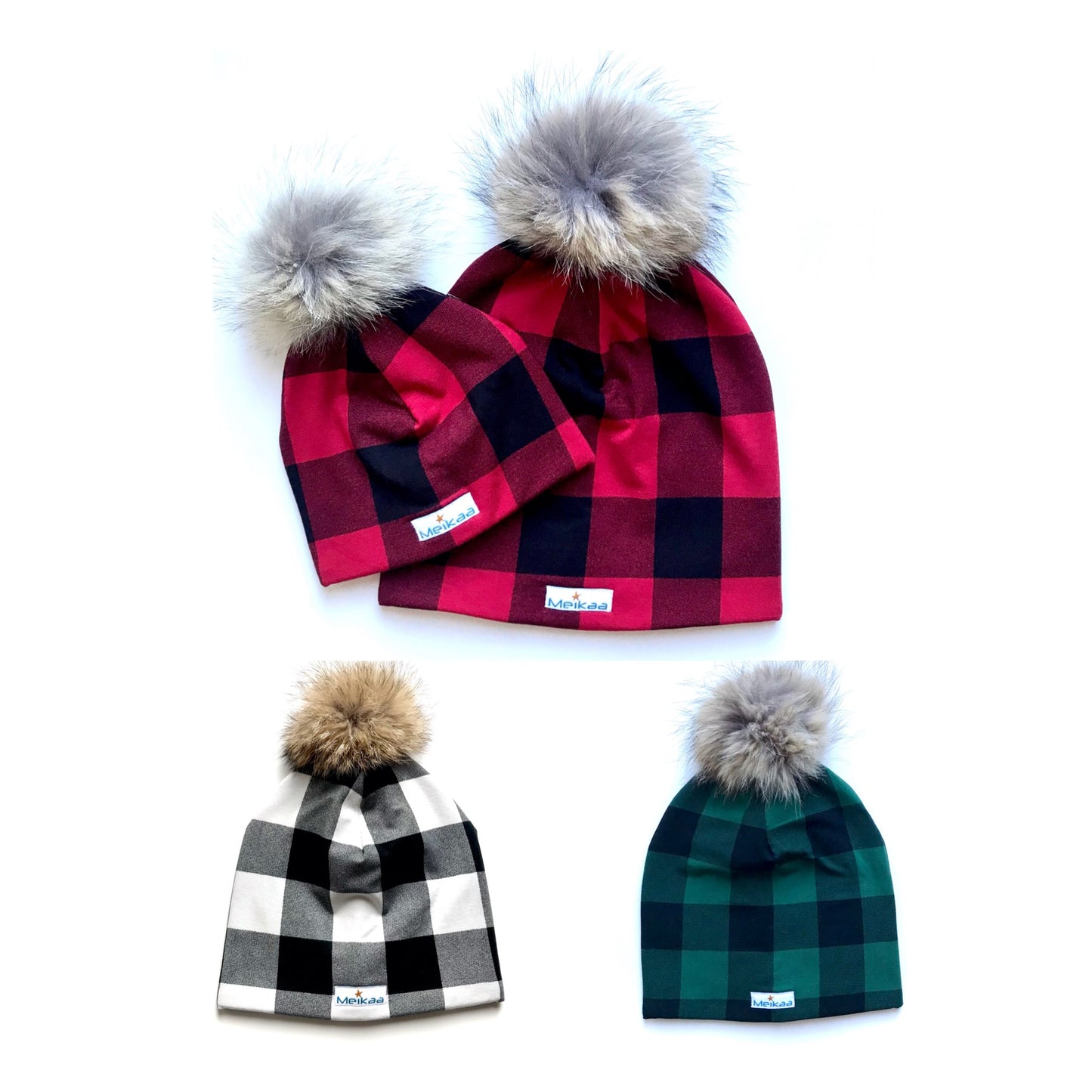 Plaid Winter Bamboo Hat + recycled fur pompom