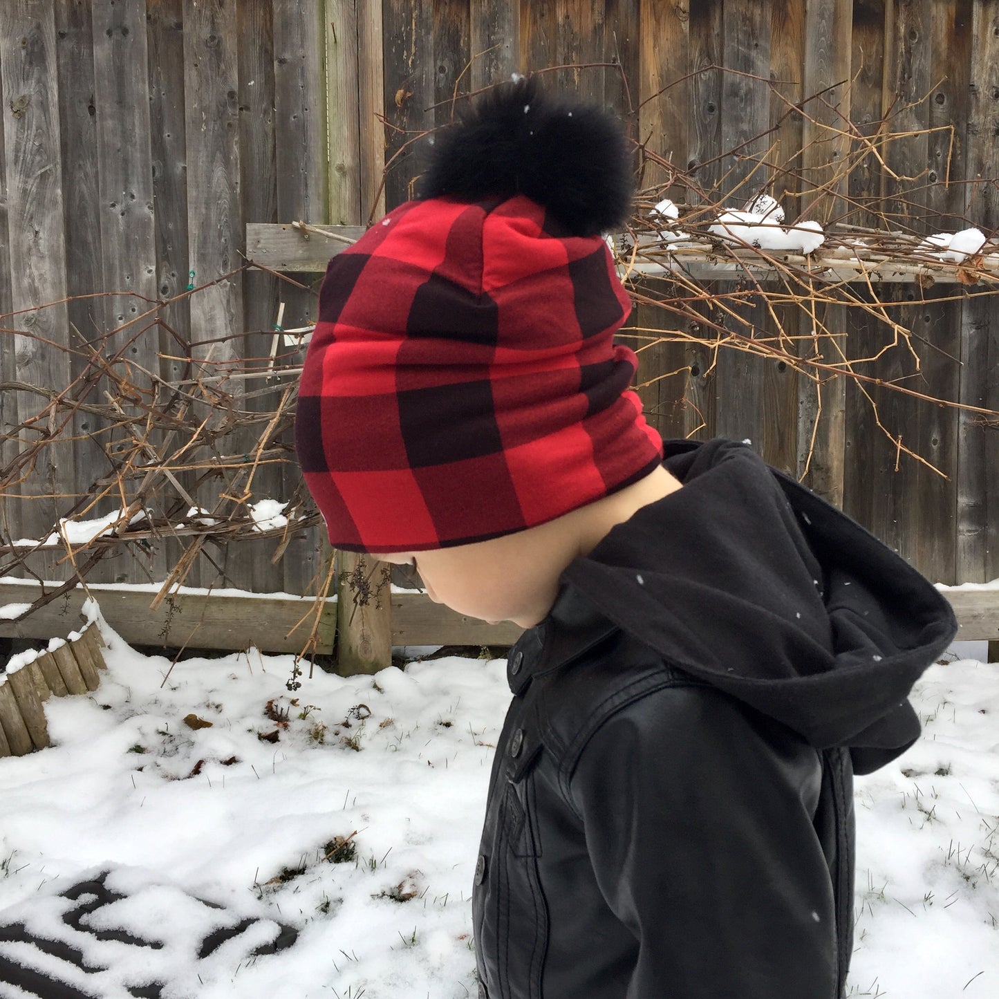 Plaid Winter Bamboo Hat + recycled fur pompom