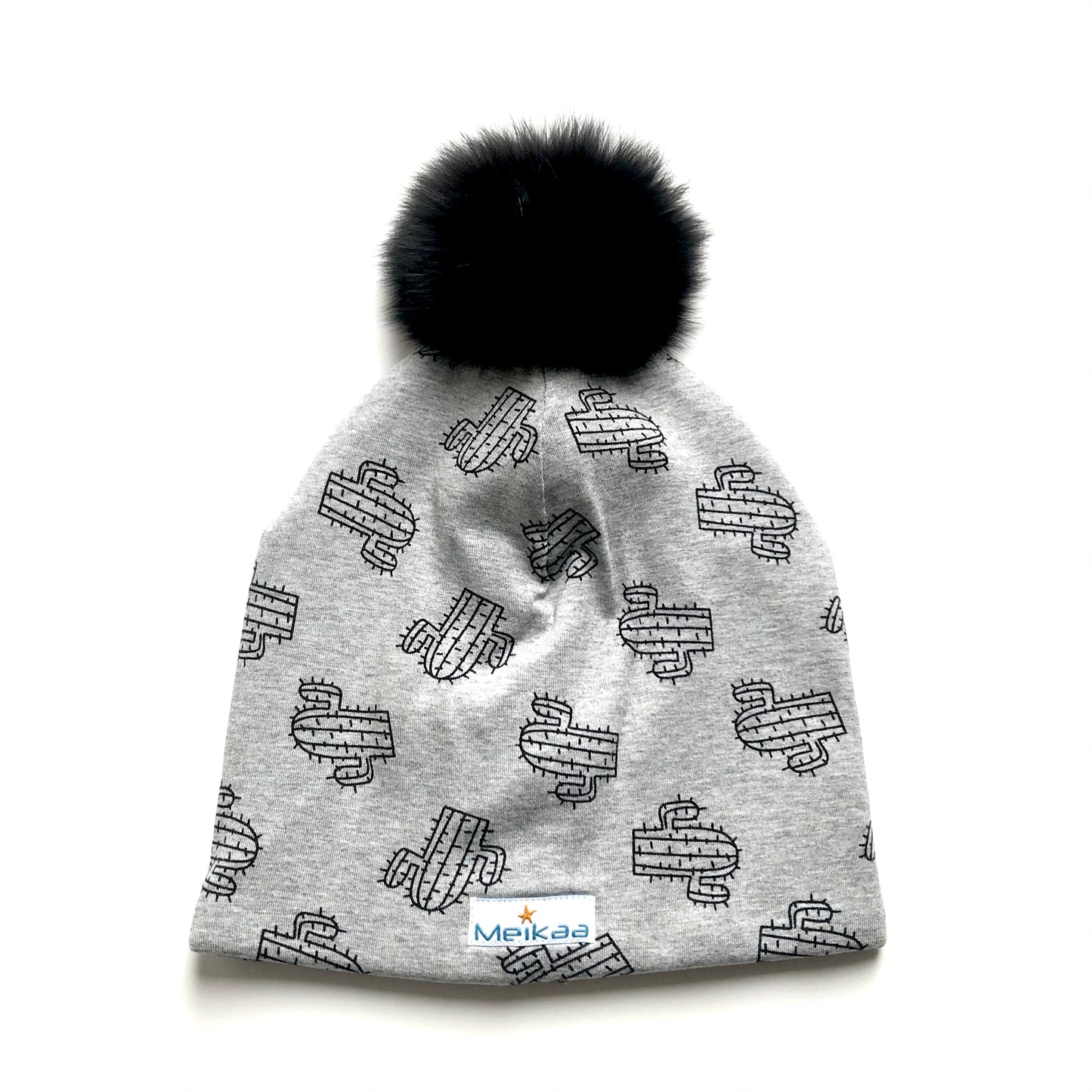All Grey Pattern Winter Bamboo Hat + recycled fur pompom