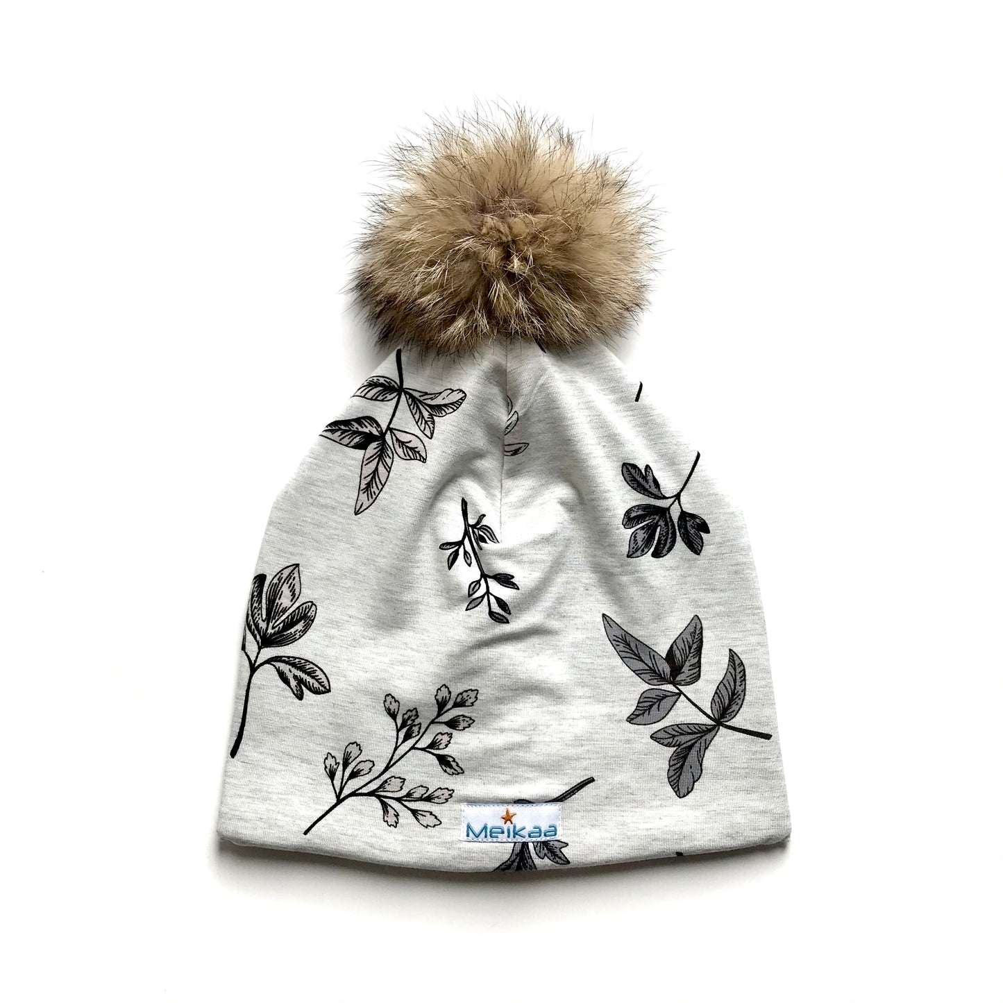 Floral Winter Bamboo Hat + recycled fur pompom