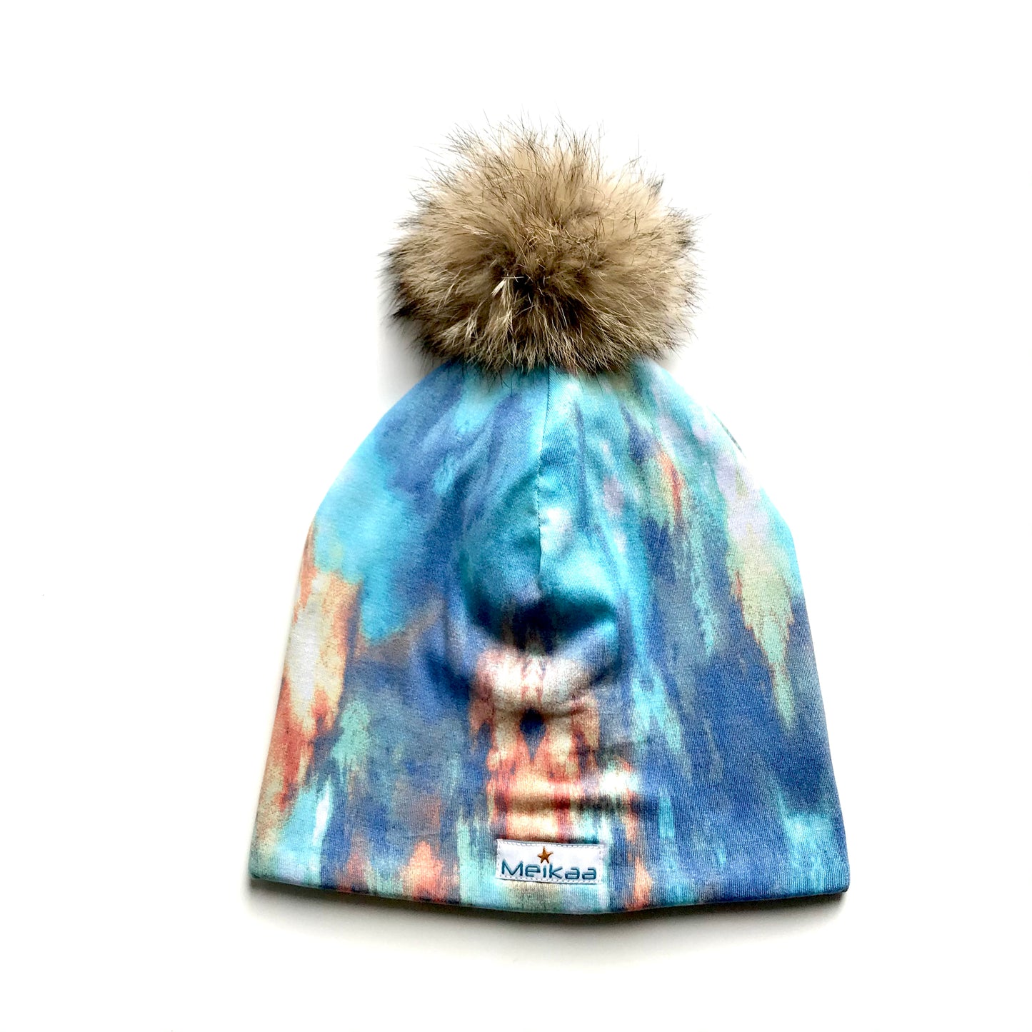 Tie Dye Winter Bamboo Hat + recycled fur pompom